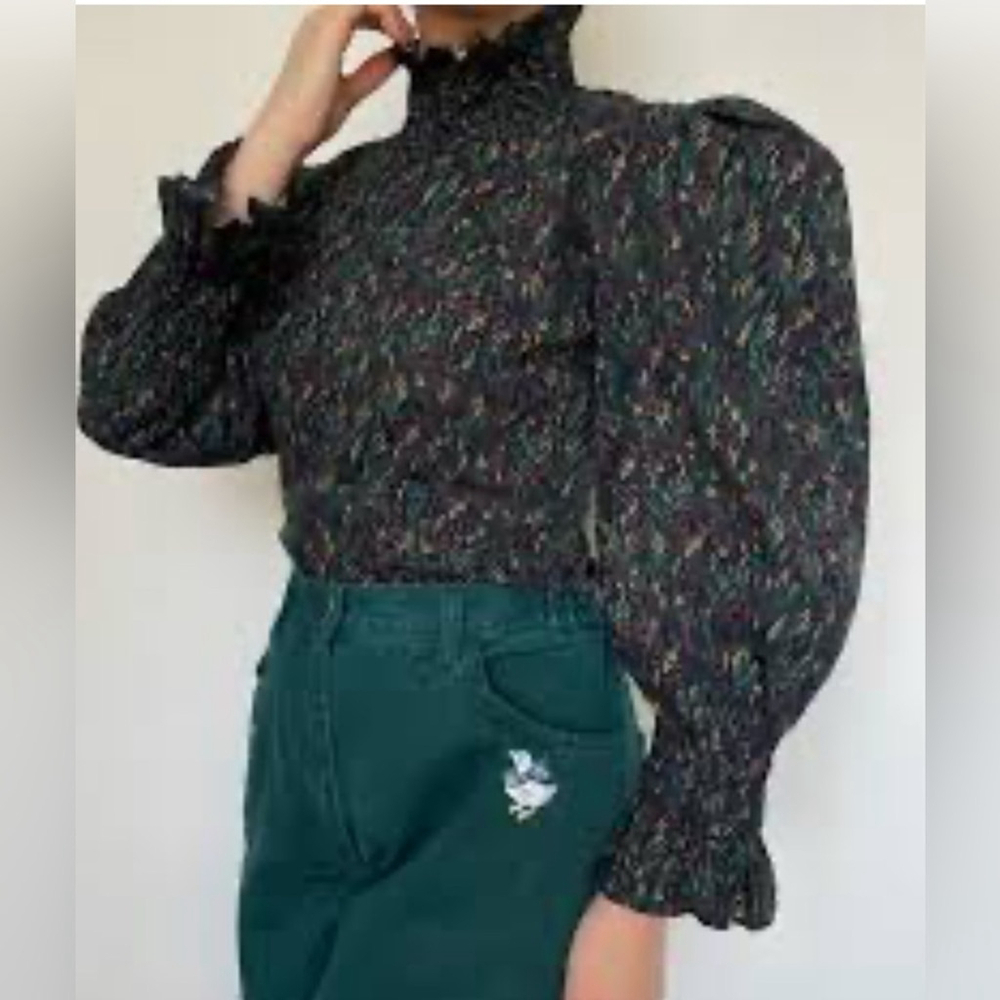 Zara Black Floral Puff-Sleeve High-Neck Blouse - Picture 3 of 10
